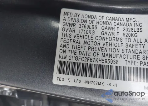 2019 Honda Civic Lx z USA, uszkodzony, nr VIN 2HGFC2F67KH595938